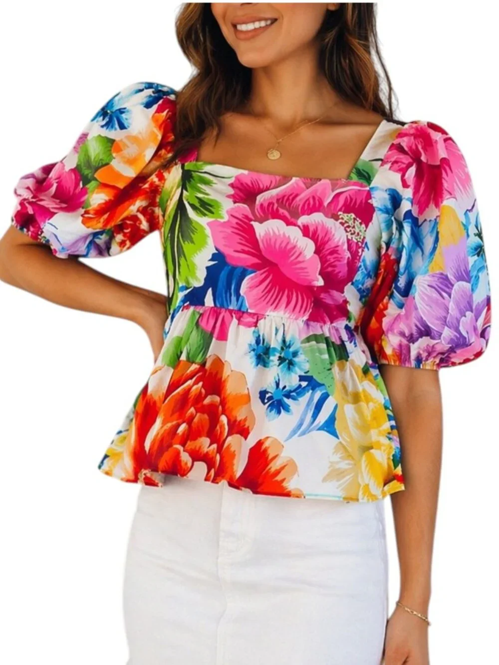 Farm Rio Chita Floral Peplum Top Puff Sleeve Square Neck XS